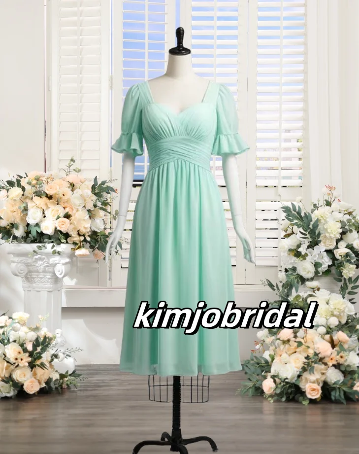 Mint Green Chiffon Bridesmaid Dresses Ankle Length for Women 2025 Pleated Empire Waist Short Sleeve Maid of Honor Dresses