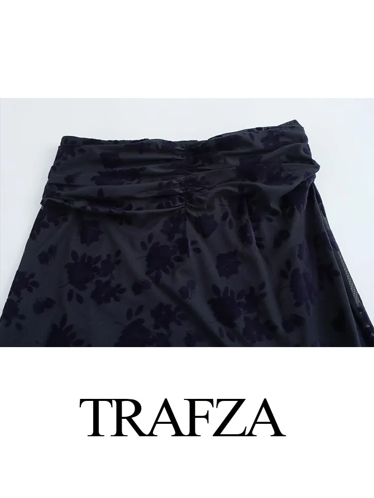 TRAFZA Elegant Woman Texture Street Style Skirt Women High Waist Flocking Asymmetrical Fold Decorate Chic Slim Long Skirt Mujer