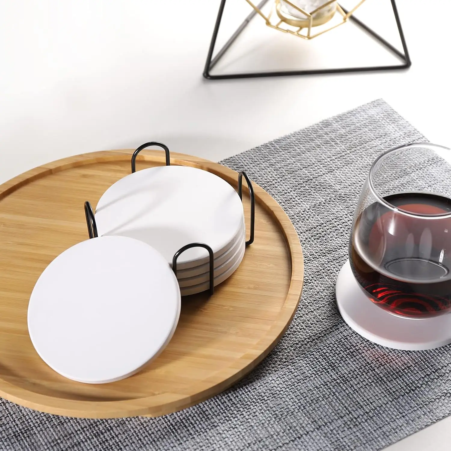 Coasters for Drinks with Holder for Coffee Table, Absorbent Coaster Sets of 6, Drink Coasters with Marble Ceramic, Cup Coasters for Wooden Table, Housewarming Gift for Home Decor - White - view 6