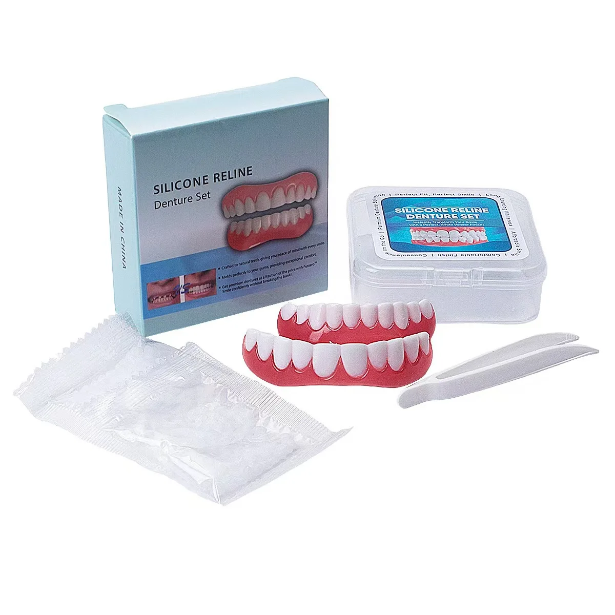 Cosmetic False Teeth Set, Silicone Reline Temporary Dentures, Upper Lower Snap On Veneers for Instant Confident Smile