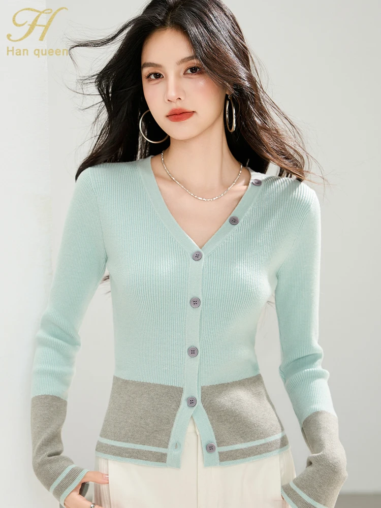 

H Han Queen, осенняя женская одежда, топы с цветными блоками, винтажный трикотаж с длинными рукавами, повседневные простые свитера, кардиган Femmes, новинка