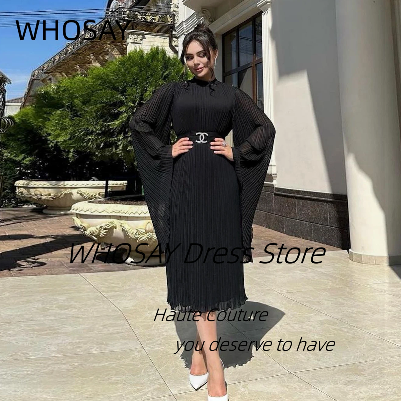 WHOSAY Dubai Arabia Saudi Prom Dresses 2024 Long Sleeves Evening Dress Pleats Tea Length Holiday Party Wear Special Gowns