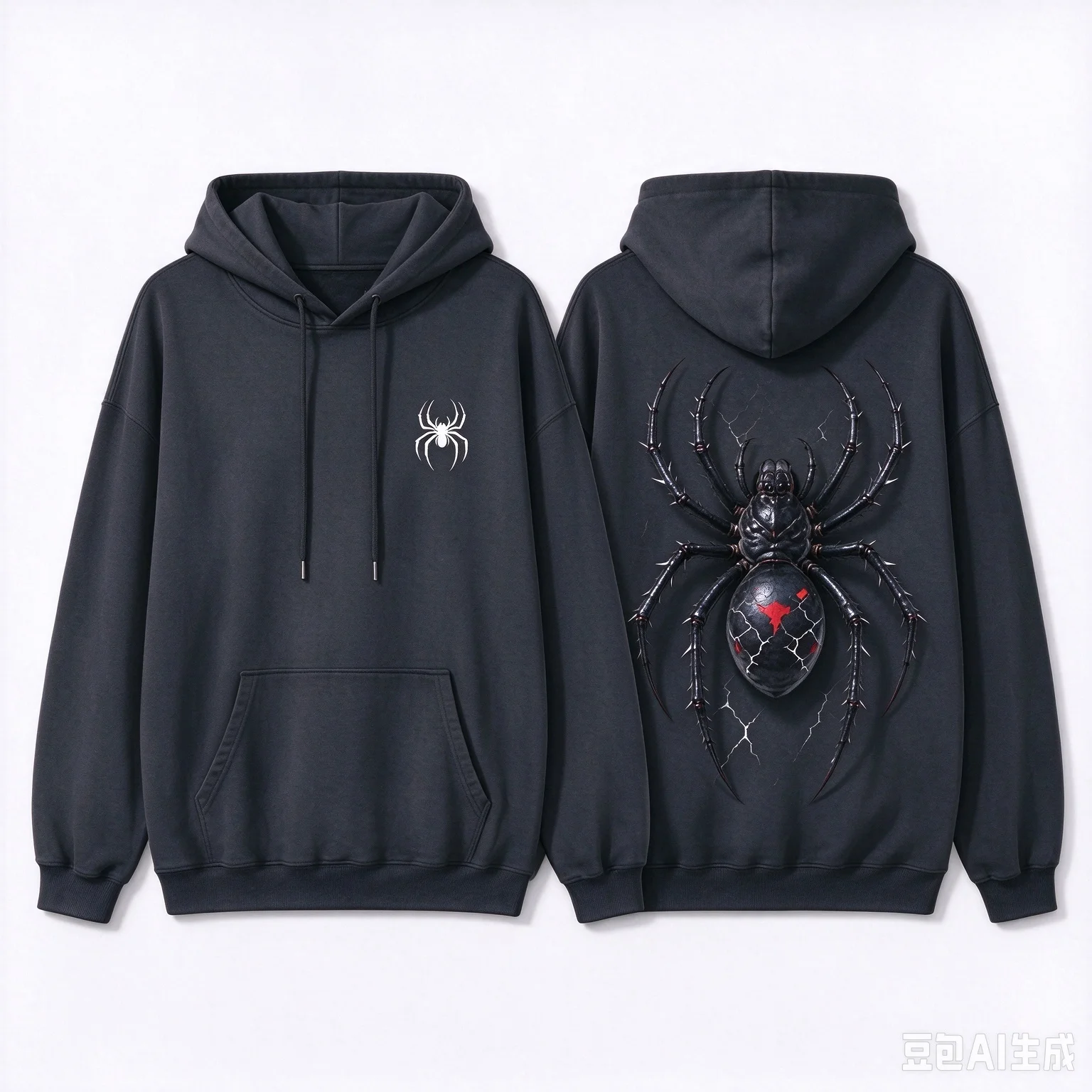 Men's Loose Hooded Sweatshirt with Drawstring, Right Chest Small Mutant Spider Print, Back Big Spider Graphic Pullover Hoodie,