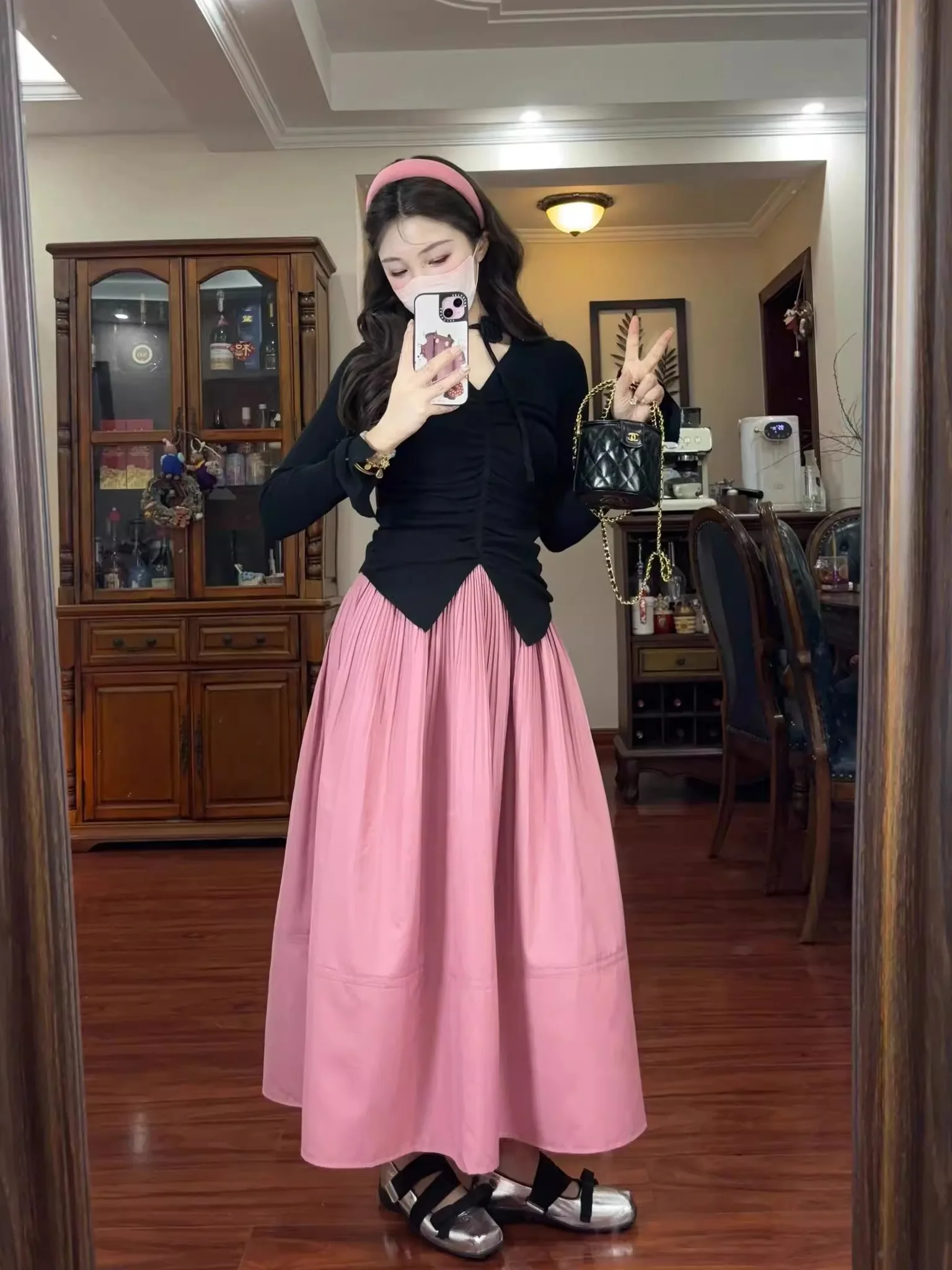

Spring Faion Set Women's plus Size Knitted Top Waist Cinching Beautiful Pink Midi Skirt Two-Piece Suit V-Ne Long Sve P...