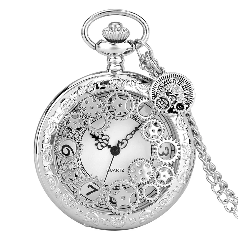 

Silver Hollow Gear Pocket Watch Men Women Quartz Analog Watches with Pendant Charm Necklace Chain Half Hunter Clock Gifts