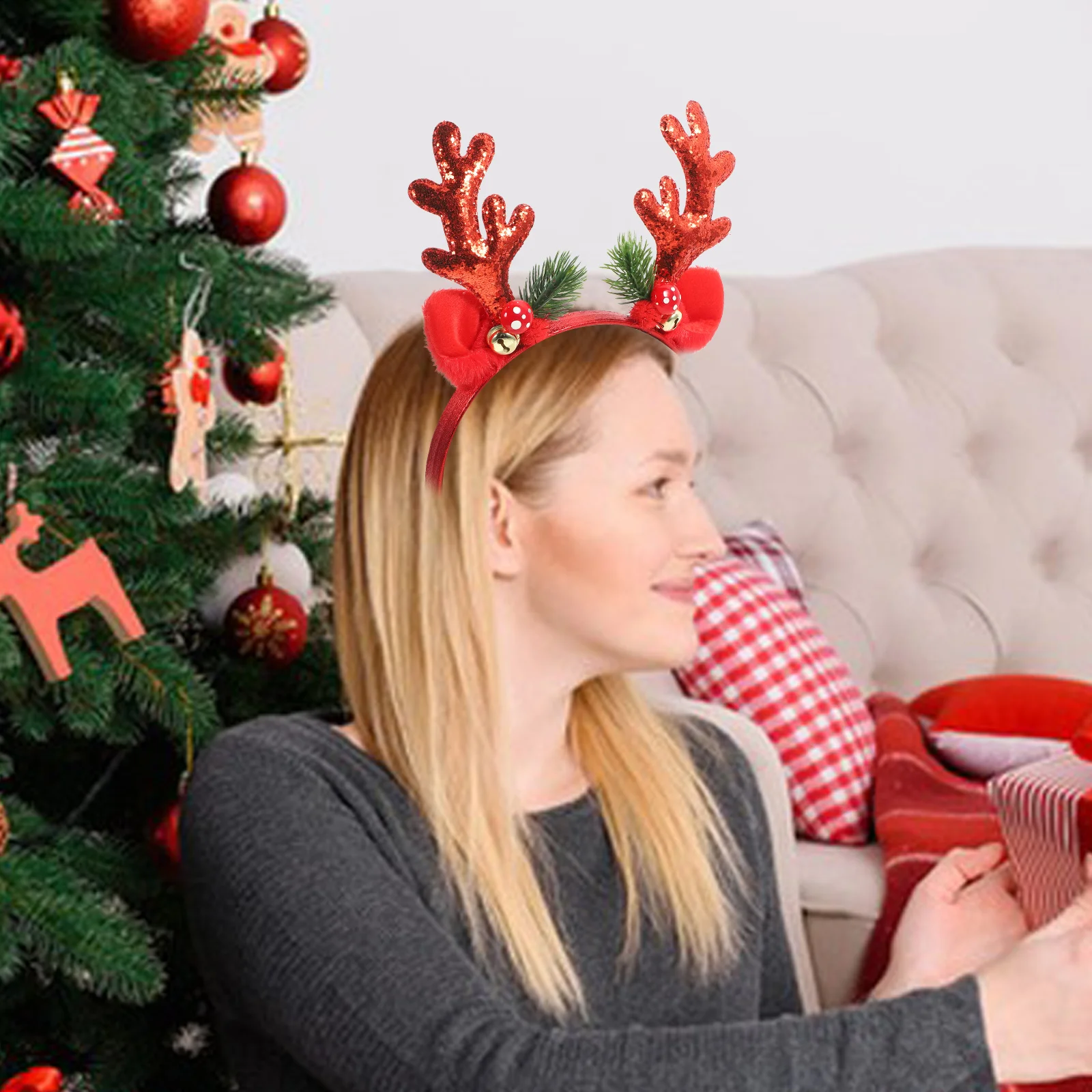 

Festive Reindeer Antler Headband Bells Christmas Party Accessory Red Cloth Hair Band for Women Teen Girls Xmas Adult Costume