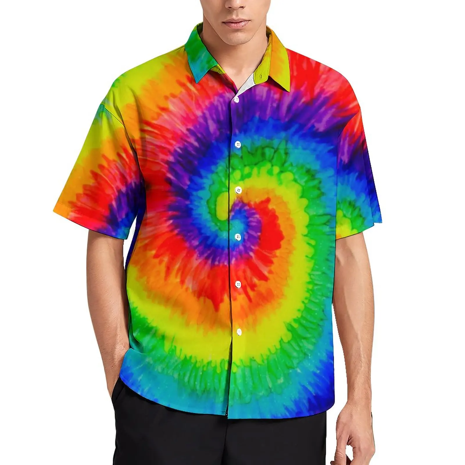 

Rainbow Tie Dye Hawaiian Shirt Mens Psychedelic Hippie Print Casual Shirts Blouses Short Sleeve Cool Oversized