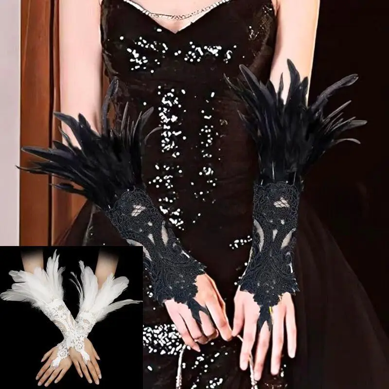 

Sexy Long Gloves Women Lace Feather Gothic Mesh Sleeve Ribbon Tie Gloves Halloween Party Supplies Stage Dance Performance Gloves