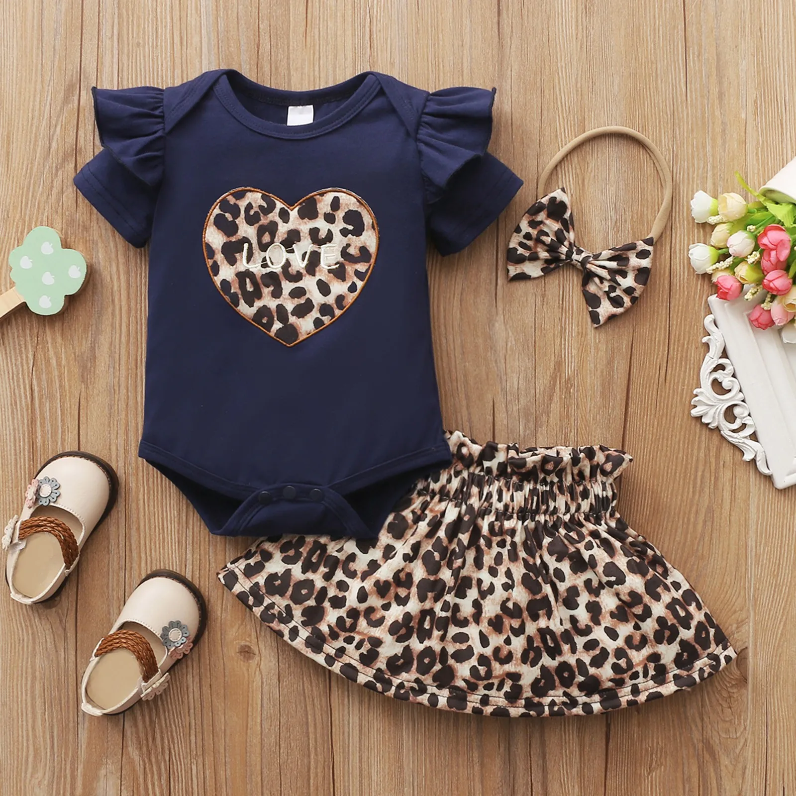 2024 Summer Dress Newborn Infant Baby Girls Valentine Leopard Print Romper Bodytsuit+Skirt Set детская одежда Ropa Para NiñAs