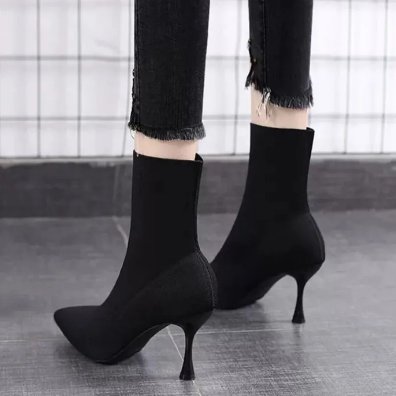 Female Short Shoes Black Elastic Knit Solid Color Women's Ankle Boots Designer Luxury Autumn Booties New In Pu Trend 2025 Boot