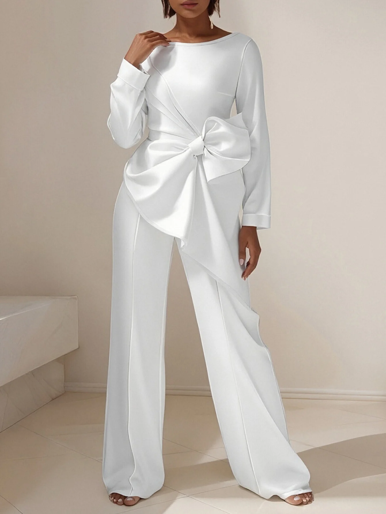 Blusa feminina de manga comprida com gola redonda e calças retas conjunto outono decente liso cintura cortada comprimento total conjunto elegante