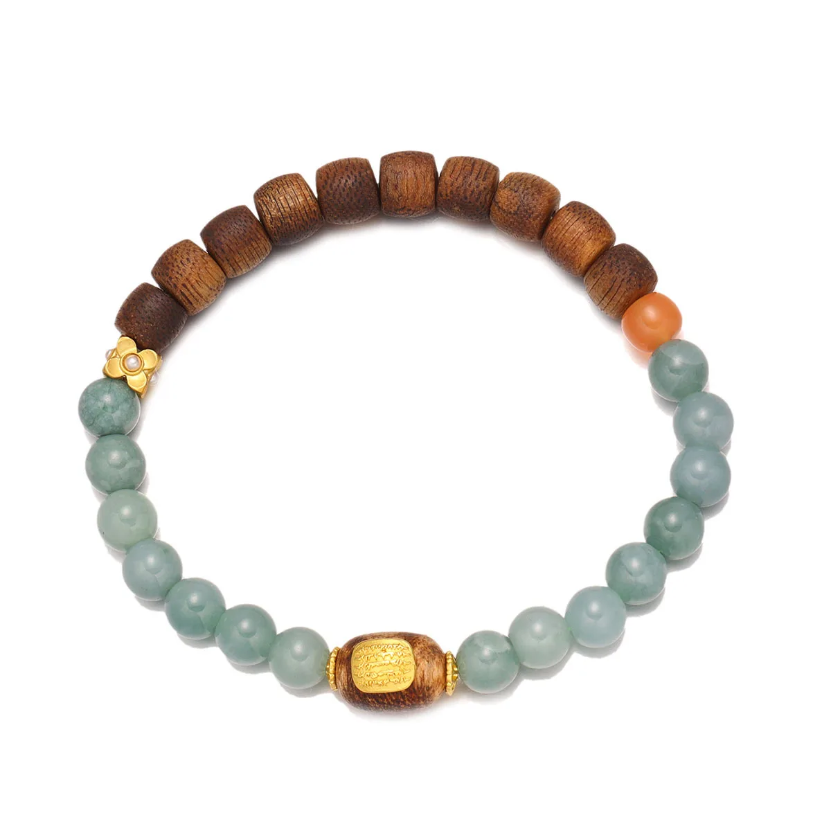 Zen Style Natural Agarwood Barrel Bead Bracelet with Blue Jade and Gold Plated Copper Charms Lucky Gifts