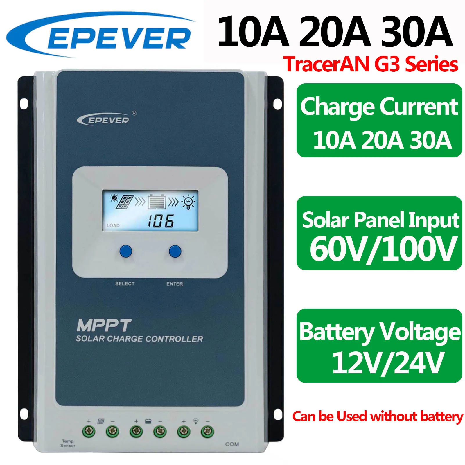 

EPEVER New Upgrade 10A 20A 30A MPPT Solar Charge Controller Auto Identify 12V 24V Battery Voltage Max PV Input 100V