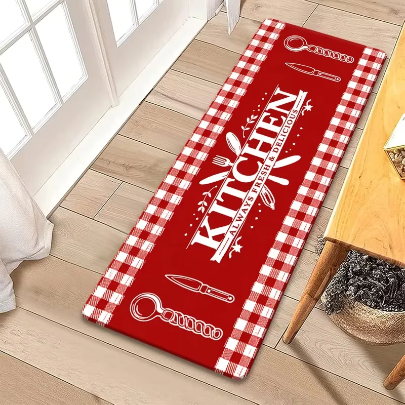 Red Plaid Border Kitchen Long Rug Cutlery Letter Print Non Slip Floor Mat Farmhouse Style Dining Room Decorative Floor Carpet