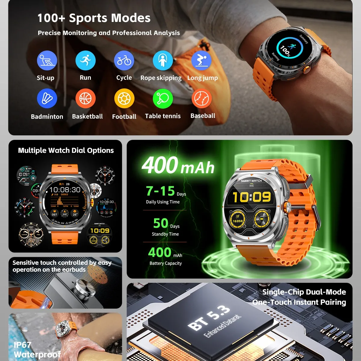 GT98 Big Battery IP67 Smart Watch 2 In 1 TWS Headset Wireless Earbuds BT Call Music Playback Sport Fitness Tracker Smartwatch