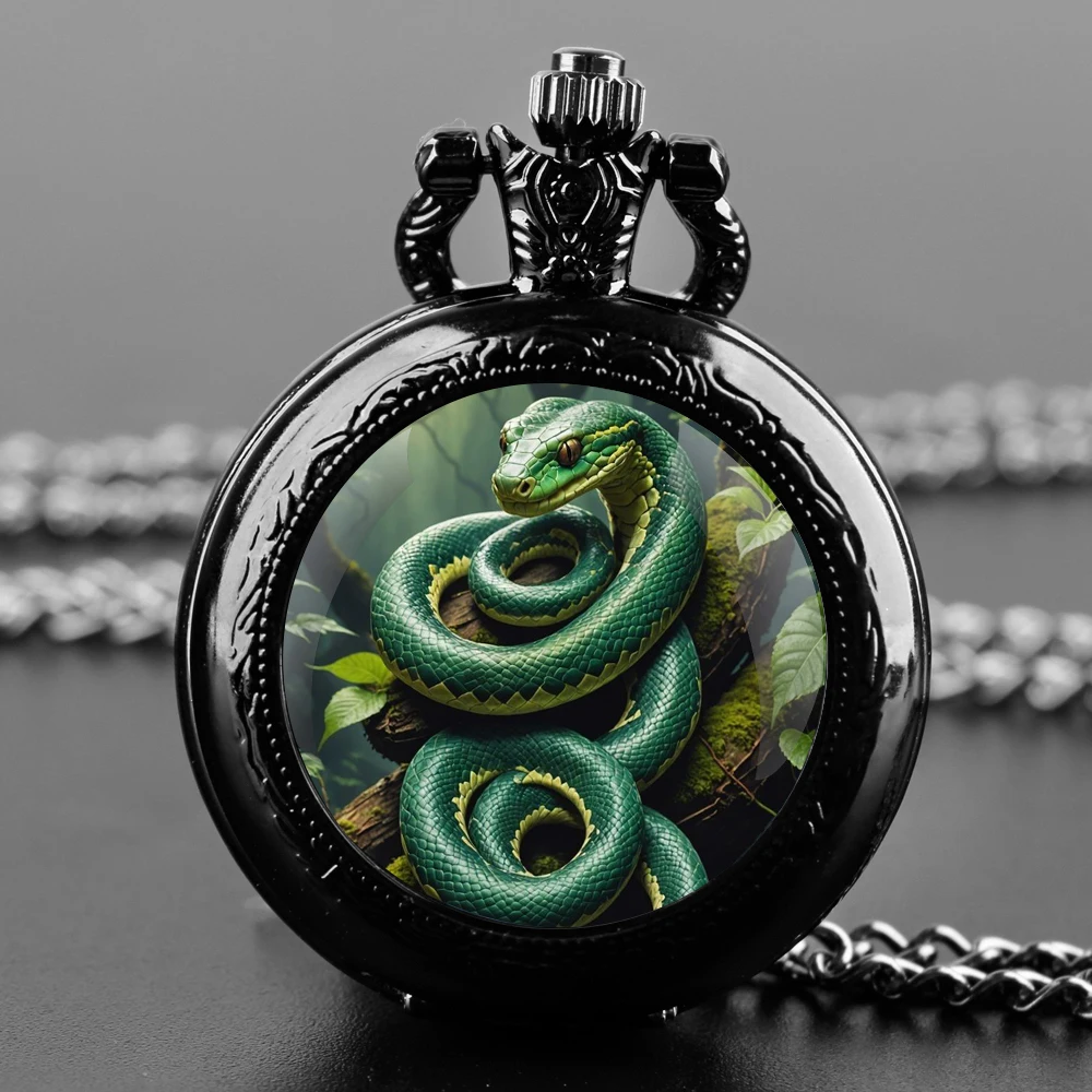 Exquisite Gift Forest Snake Glass Dome Design Arabic Numerals Quartz Pocket Watch Necklace Pendant Clock Chain Men Women Gifts