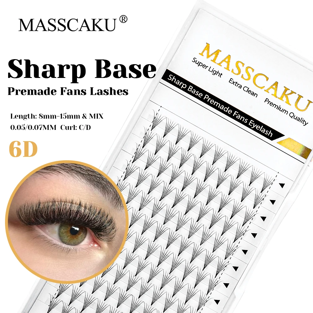 

MASSCAKU 8-15mm and Mix Size Matte Black Narrow Root Thin Stem Lashes False Silk 6D Sharp Base Premade Fans Eyelashes in Stock