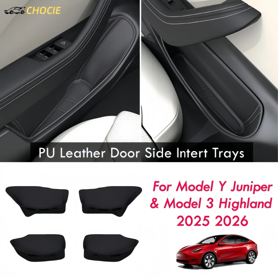 

4PCS PU Leather Door Organizer Insert Trays For Tesla Model Y Juniper Launch & Model 3 Highland 2025 2026 Car Slot Pockets