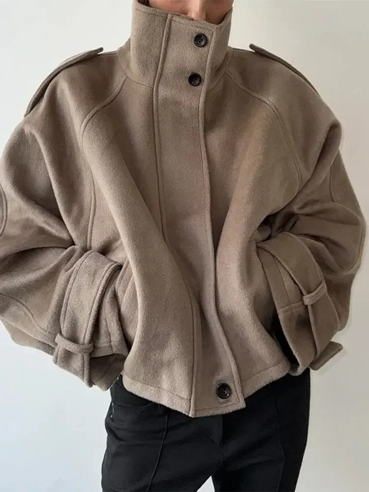 Chaqueta elegante de lana con cuello levantado para mujer, chaquetas holgadas de manga larga con un solo pecho y cremallera, prendas de vestir para Otoño e Invierno 2025