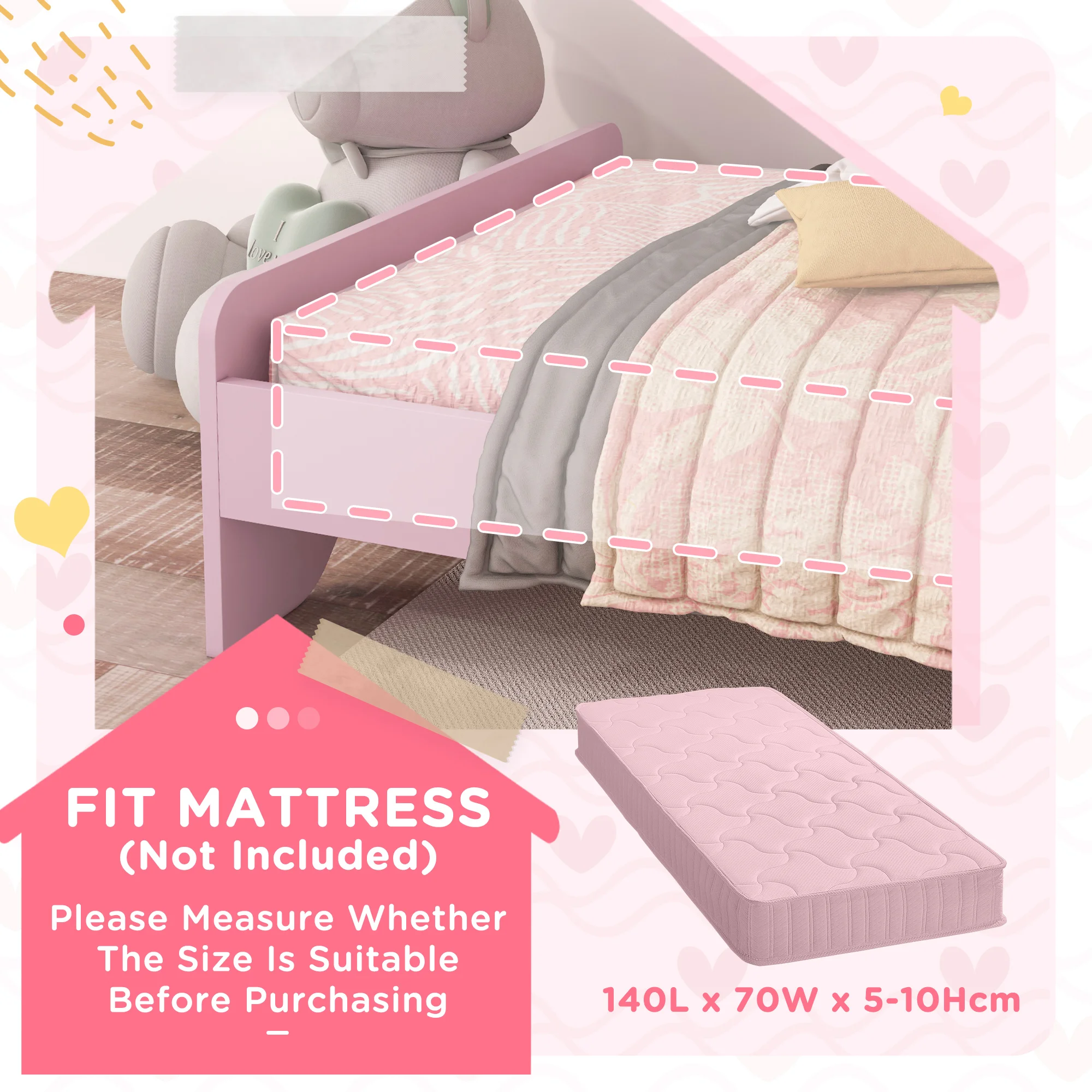 ZONEKIZ Toddler Bed Frame, Kids Bed Cat Design Princess Bed with Guardrails, for 3-6 Years Old, 143L x 74W x 72Hcm - Pink
