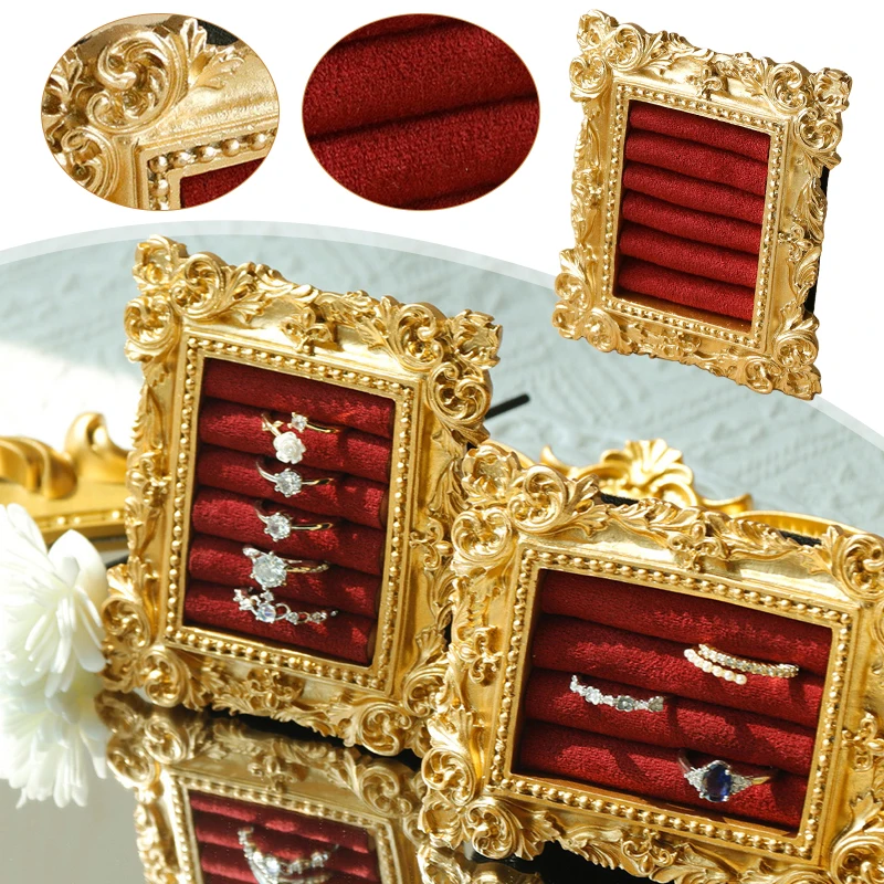 

Ring Display Stand Vintage Gold with Suede Earring Tray Baroque Velvet Jewelry Organizer for Engagement Wedding & Birthday Gifts