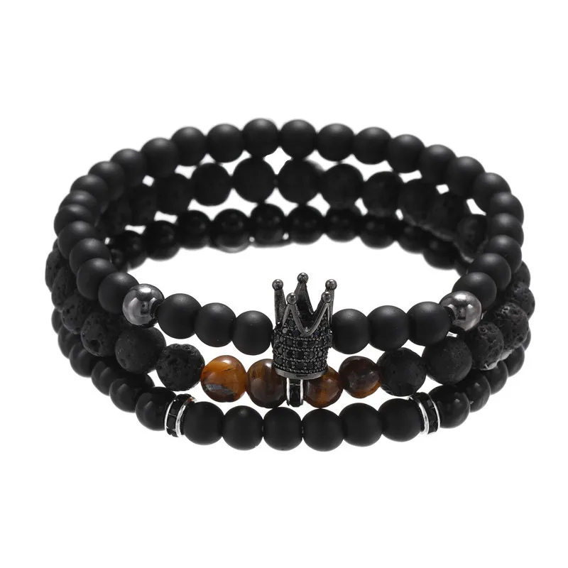 Bracelet Men Accessories Matte Oxyn Black Stone Beads 3pcs/set Crown Bangle Jewelry Mens Stretch Bracelets For Women