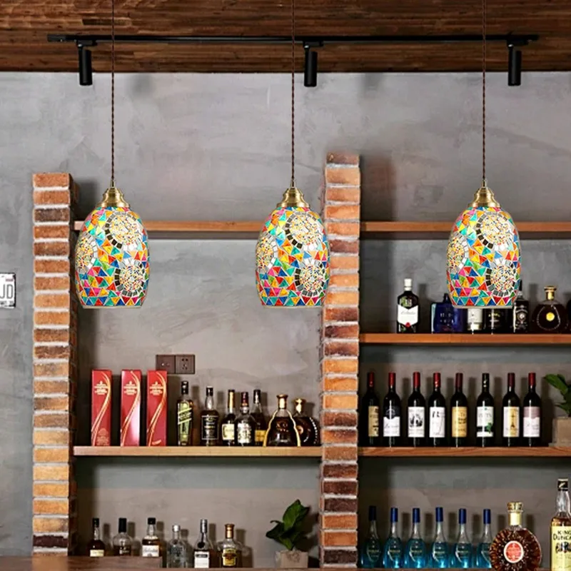 Splicing Color Mosaic Glass Chandelier E27 Lamp Holder Exotic Style Restaurant Cafe Retro Small Pendant Lights