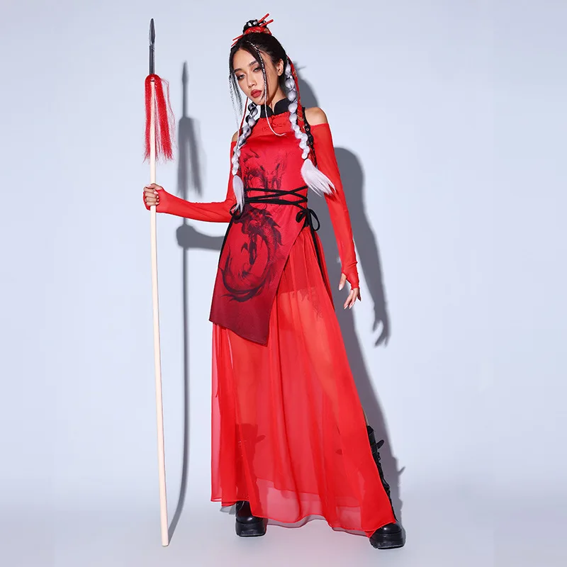 

Women's Team Performance Costume Korean Dance Chinese Style Red Holiday Clothing Stage Wear Electronic Music Festival