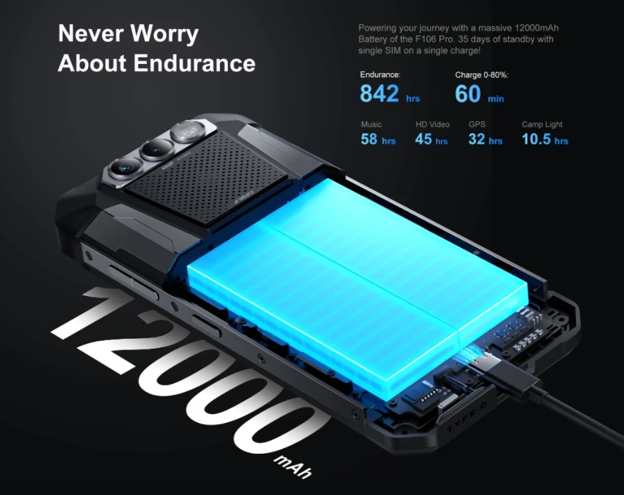 Fossibot F106 PRO 4G هاتف متين MT6769CZ CPU 6.58 "120 هرتز عرض بطارية 12000 مللي أمبير مع ضوء التخييم الثلاثي برهان الهاتف الذكي #3