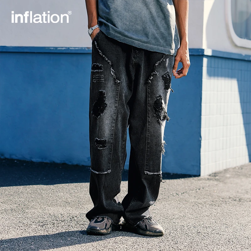 

Мужские потертые джинсы INFLATION, черные потертые рваные джинсы в стиле хип-хоп с дырками, джинсовые брюки
