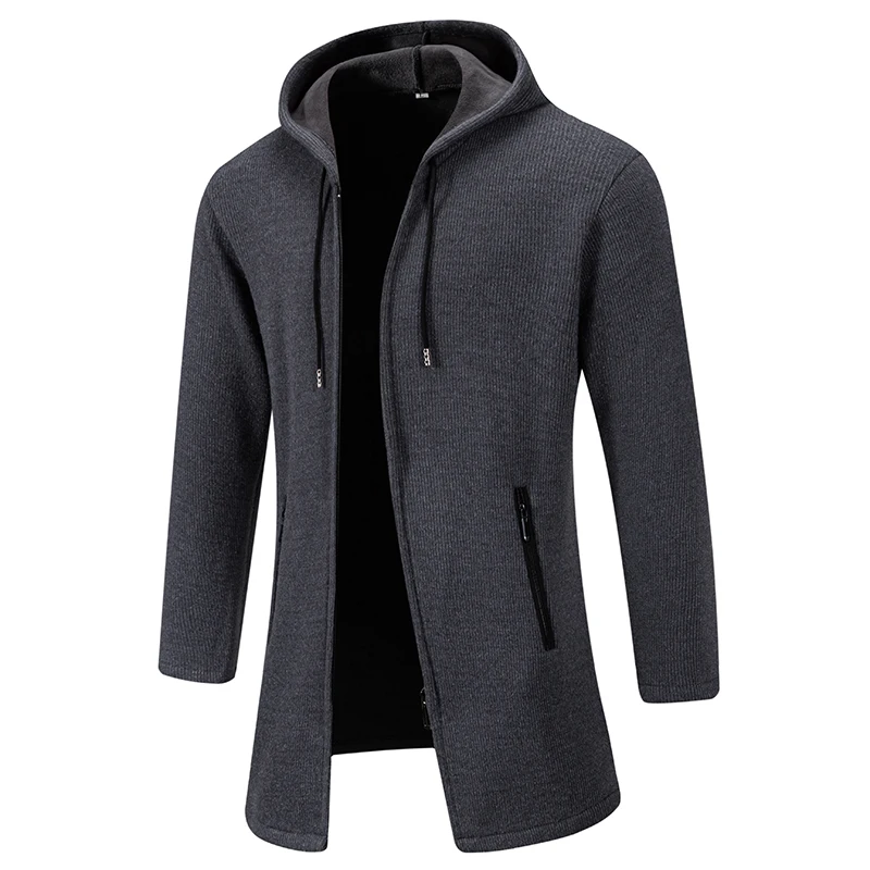 Winter Men\'s Sweater Cardigan Loose Large Size Hooded Outwear Casual Mid-Length Outwear Fleece-Lined Thickeneded Pure Color Woolen Clothes Pure