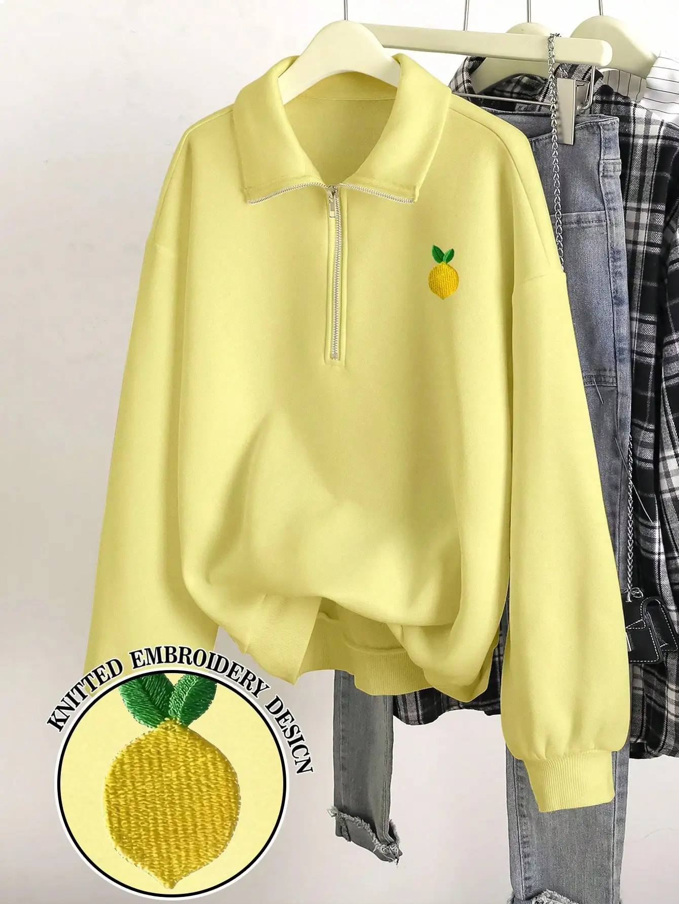 

Lemon Embroidery Half-Zip Pullover Sweatshirt for Women, Loose Fit Casual Long Sleeve Top
