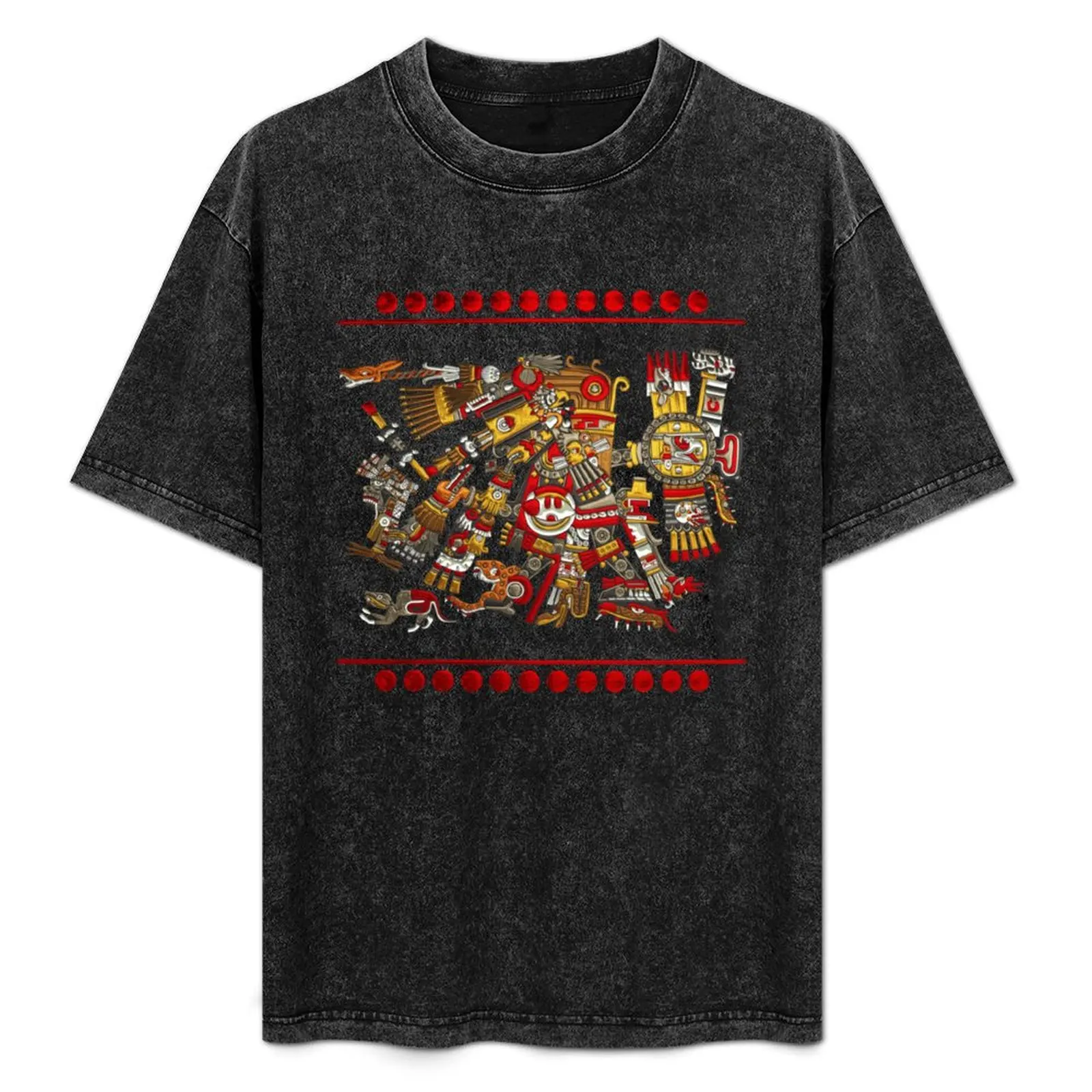 Camiseta de manga corta informal para festival con diseño de Codex Borgia - Dioses Aztecas - Tezcatlipoca - Espejo Ahumado sobre Pergamino