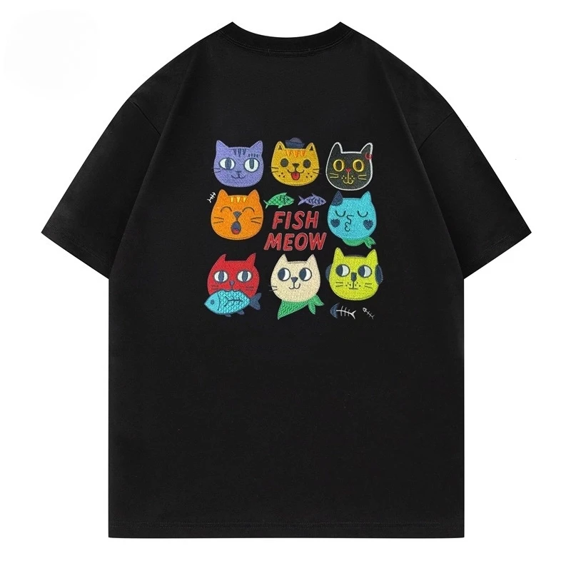 

A 100% pure cotton short-sleeved T-shirt with a cute cat pattern print for men and a loose round-neck top