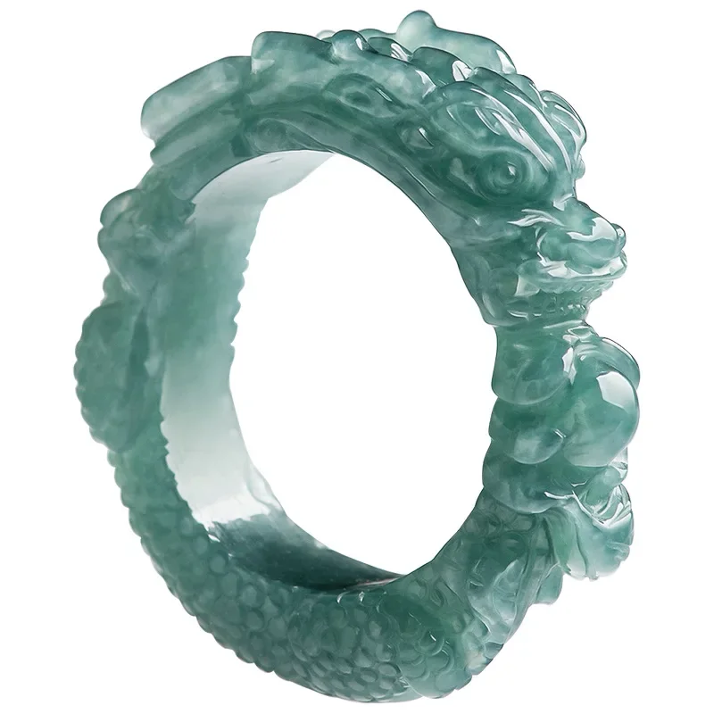 High Grade Natural Jadeite Blue Water Dragon King Ring with Three-dimensional Handcrafted Ice Type Jade Ring Dragon Men Gift