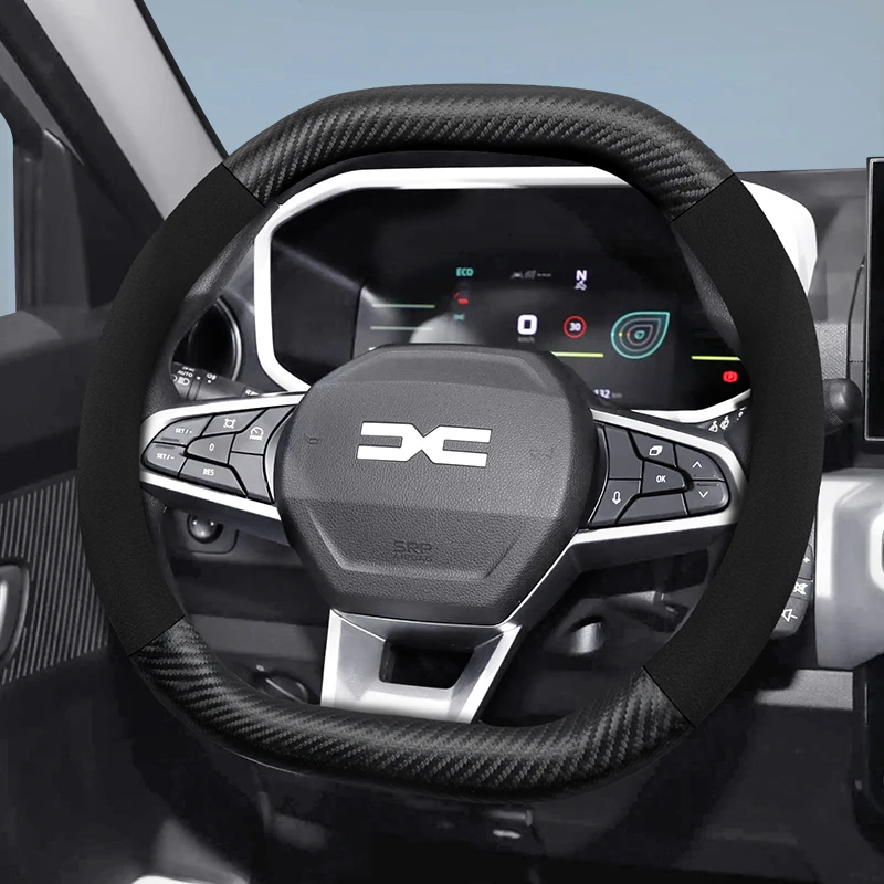 Suitable for Dacia Suede Matte Carbon Fiber Texture Steering Wheel Cover, Suitable for Models Such as Sandero Stepway, Duster, Jogger, Bigster, Spring, Electric, Cargo, Logan, Etc., Black Mocha Car Accessories
