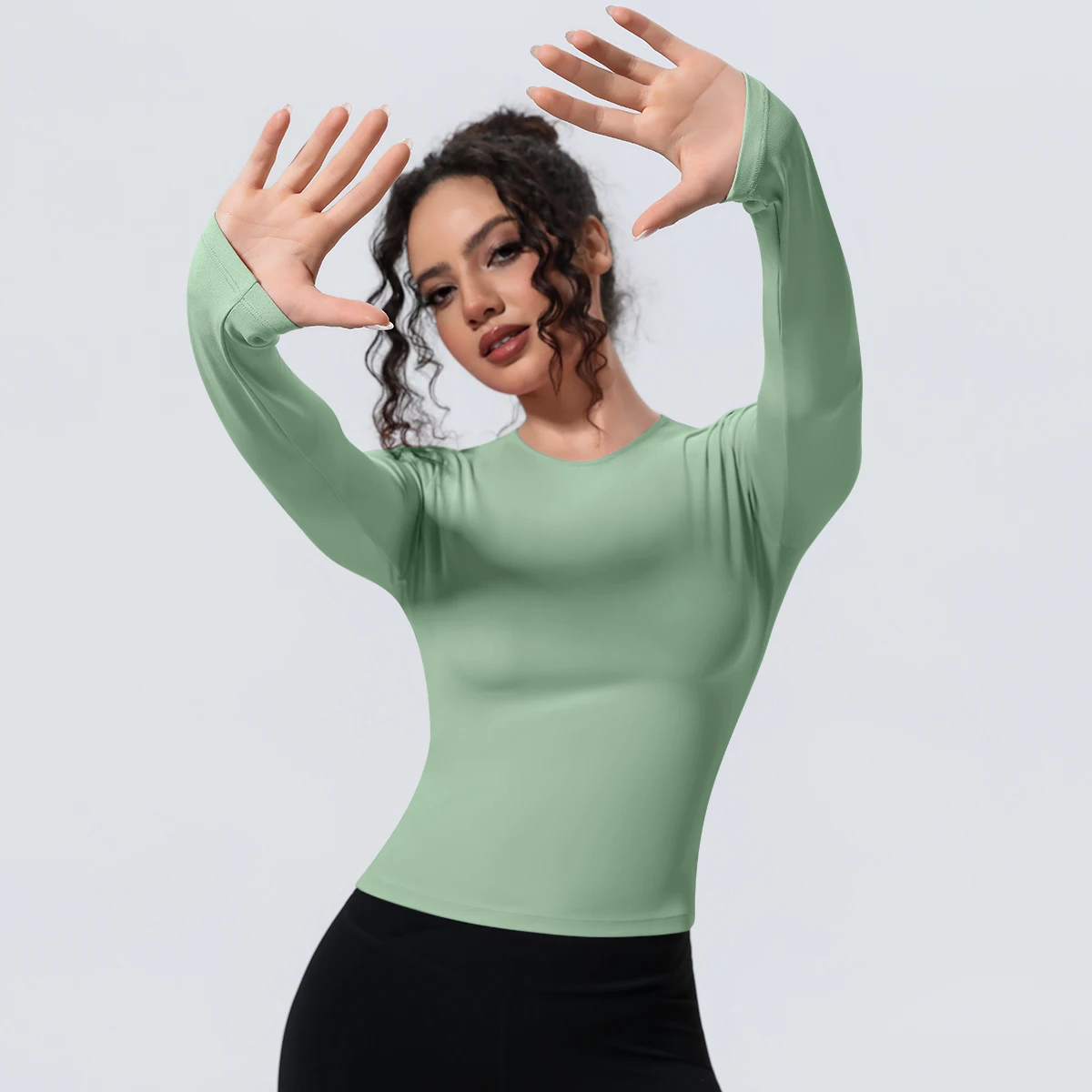 1 Stück Schlankes Casual Sommer Yoga Langarm-Oberteil für Damen, Fitness-Sport-Laufshirt mit Schnelltrocknung, Einfarbiges Trainingsshirt – Detail 22