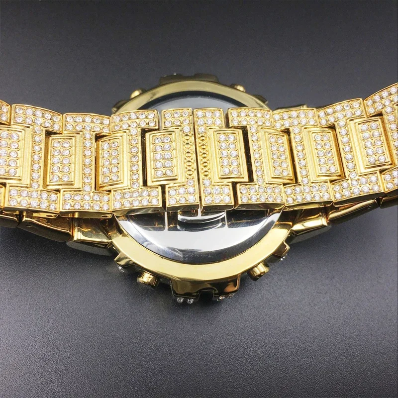 Reloj de oro de 18k para Hombre, pulsera de cuarzo con diamantes completos, LED, Digital, estilo Hip Hop, envío directo