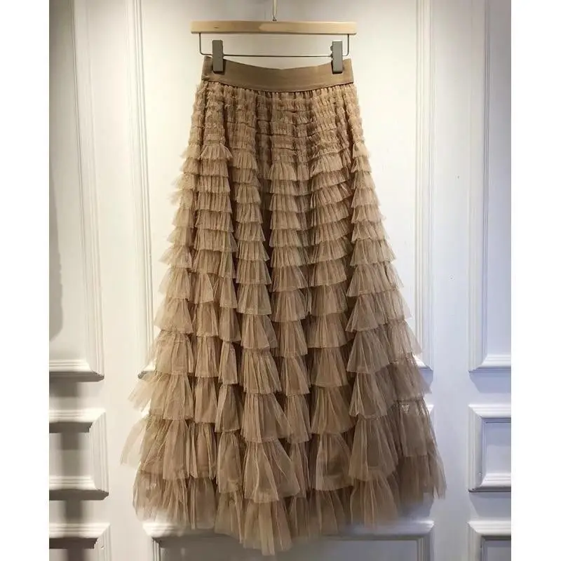 

Elegant Half-length Skirt with Lace Trim And Gauze Layered Cake Design for Women High-waisted Korean Style Polyester Fiber