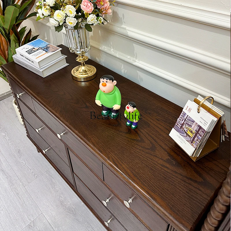 French Retro Solid Wood Living Room Wall-Mounted Storage Cabinet with Drawers