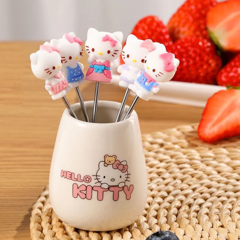 New Sanrio Hello Kitty Kuromi Stainless Steel Fork Set Cartoon Ceramic Jar Fruit Fork With Canister Cute Home Party Supplies Y2k