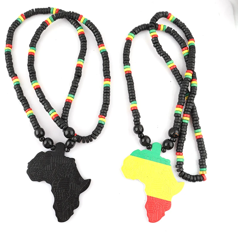 Hot Black Color and Rasta Wooden African Map Necklace For Men