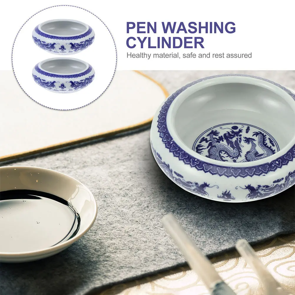 2Pcs Ceramic Ink Dish for Calligraphy Brush Washing Premium Porcelain Ink Well Multi-Functional Study Stationery Chinese