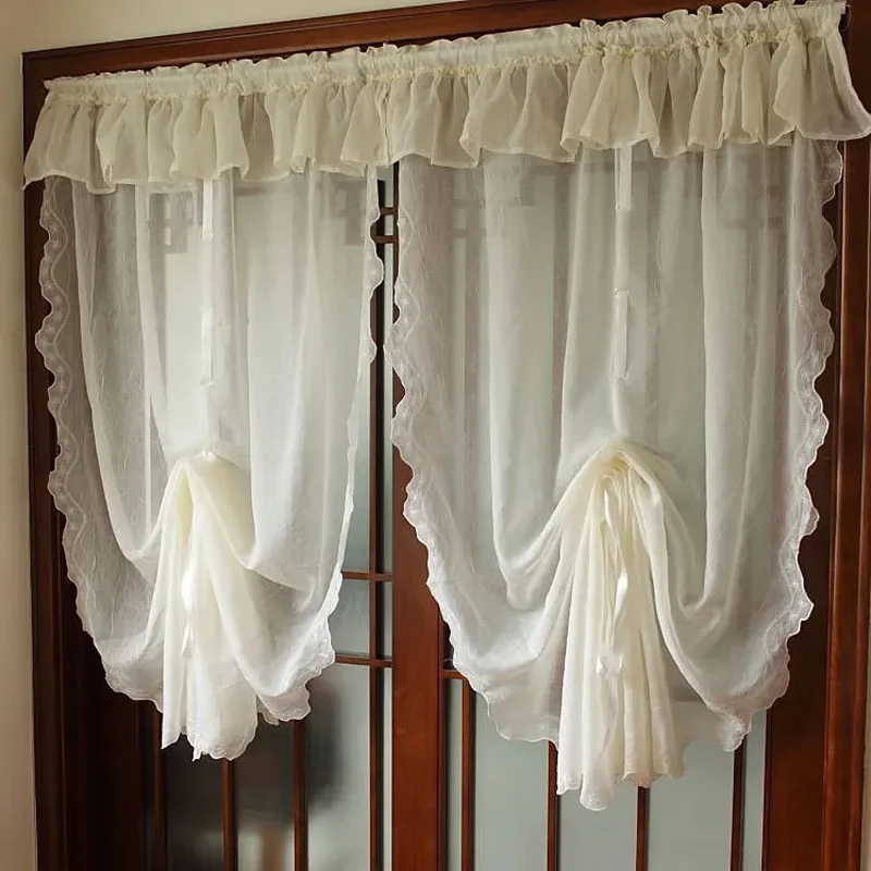 

Creamy Balloon Curtain Window Sheer Valance Lace Ruffle Tie Up Roman Curtain Handmade Crochet Embroidered Home Decoration TJ8262