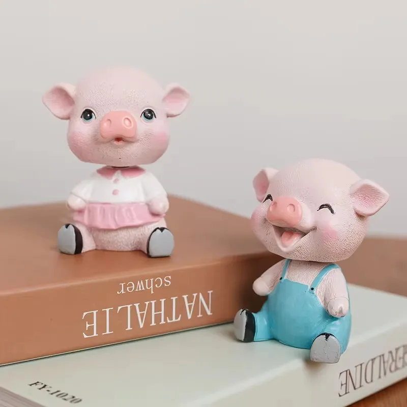 Mini Cute Shaking Head Pig Statue Resin Piglet Sculpture Home Office Car Cake Decoration Ornament Desk Girl Boy Funny Gift