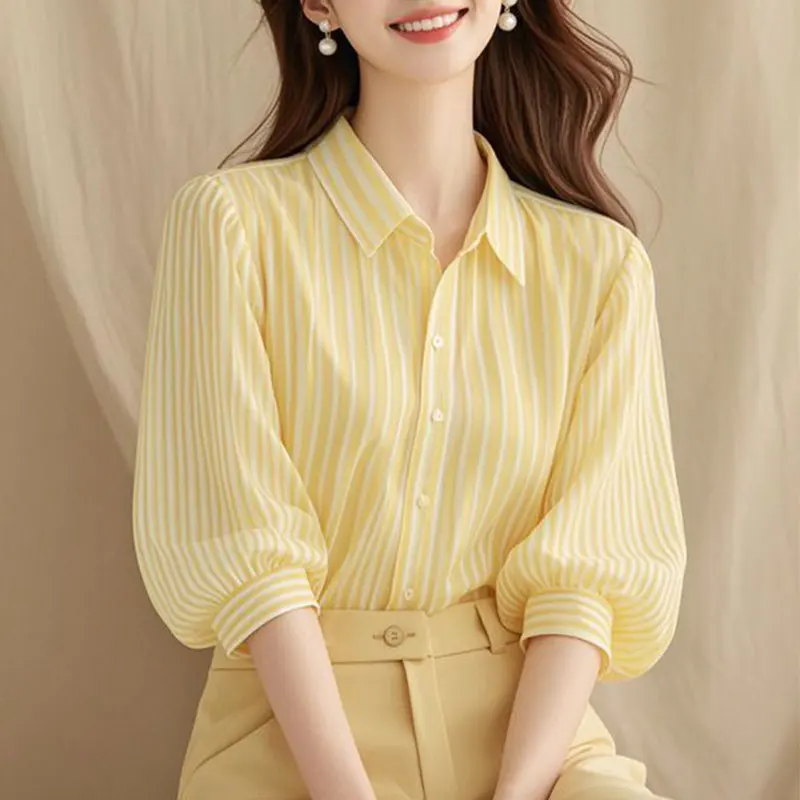 Women\'s Summer Casual Simplicity Striped Yellow Polo Collar 3/4 Sleeve Shirts Women Clothes Fashion All-match Temperament Tops