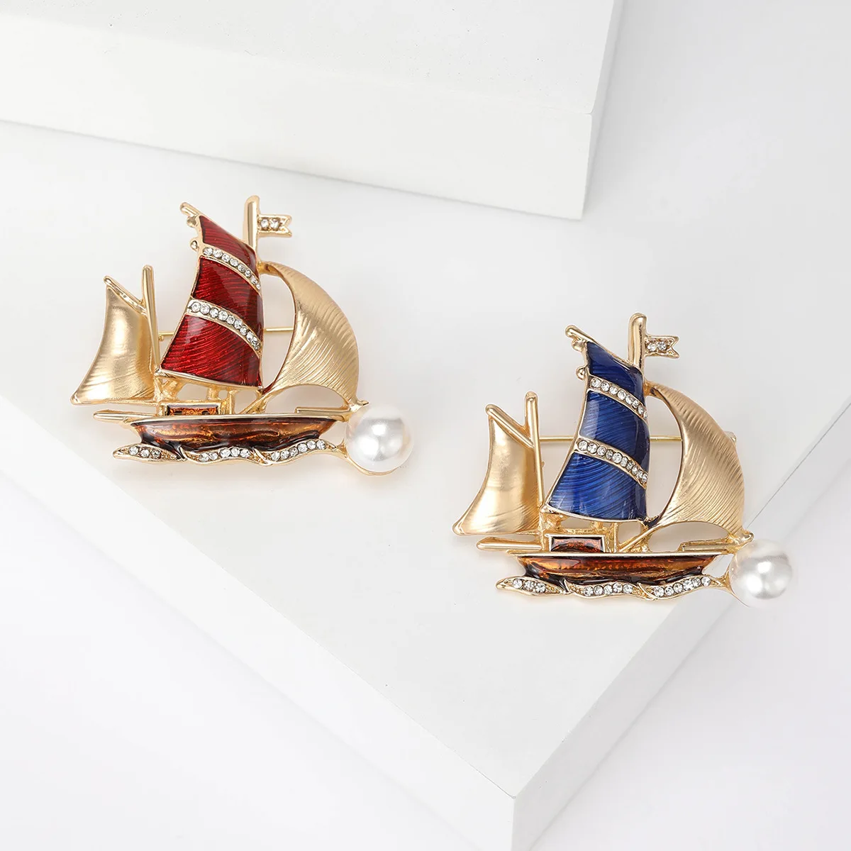 Exquisite Alloy Rhinestone Blue Sailboat Brooches For Women Men Elegant Luxury Pearl Boat Brooch Pins Office Party Jewelry Gifts image 3