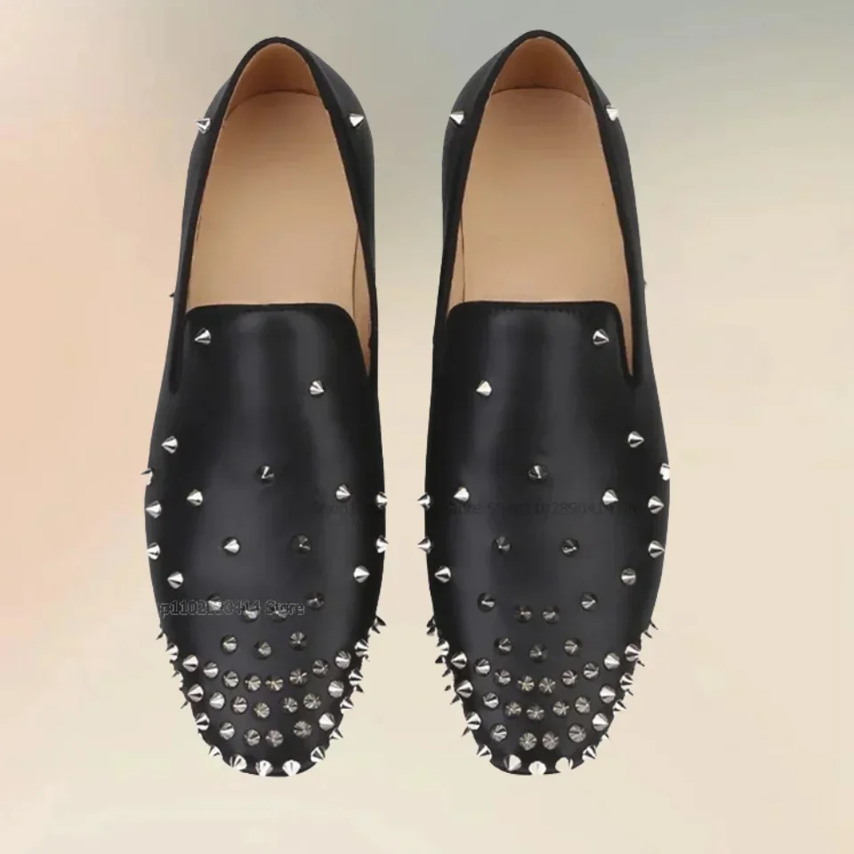 

Silver Rivets Decor Black Matte Leather Men Loafers Fashion Comfort Slip On Men Shoes Novel Handmade Party Feast Men Dress Shoes