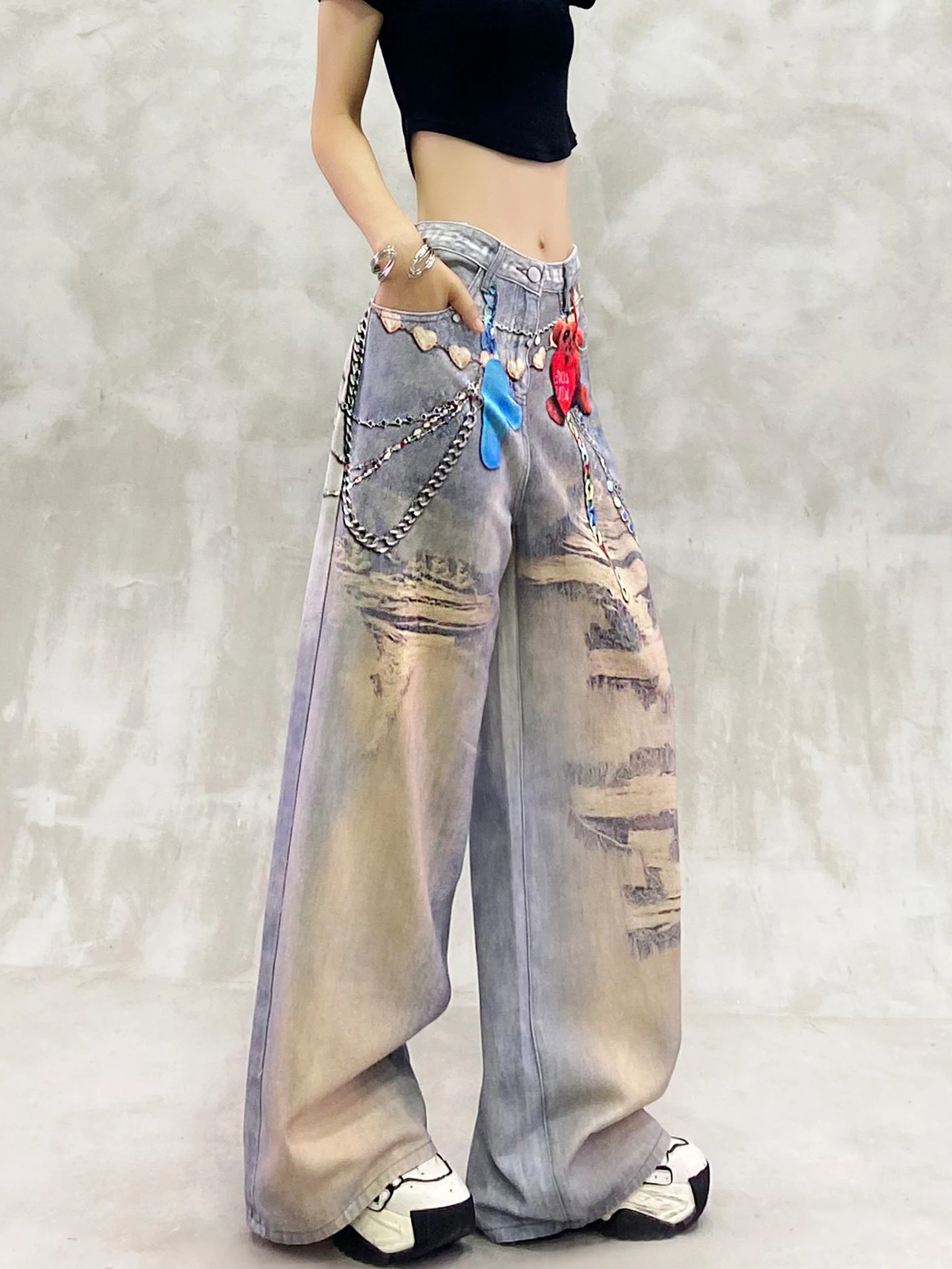 2025 Summer New Women's Stylish Printed Design Casual Jeans High Waist Loose Slimming Versatile Straight Wide-Leg Pants
