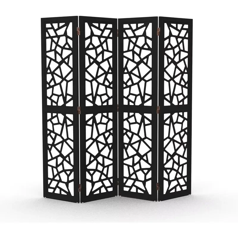 Elegant Modern Wooden Room Divider with 4 Foldable Panels Art Theme Removable Indoor Partition for Living Room and Bedroom